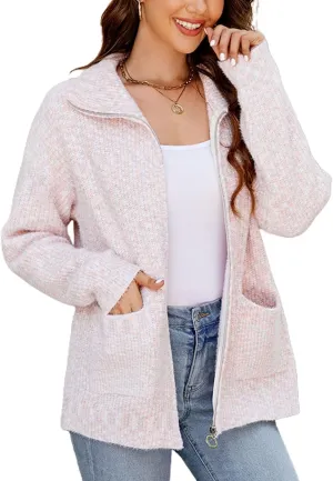 Lu's Chic Women's Long Sleeve Cardigan Sweater Fall Knit Thick High Neck Winter Zip Full Zip Spring Drop Shoulder