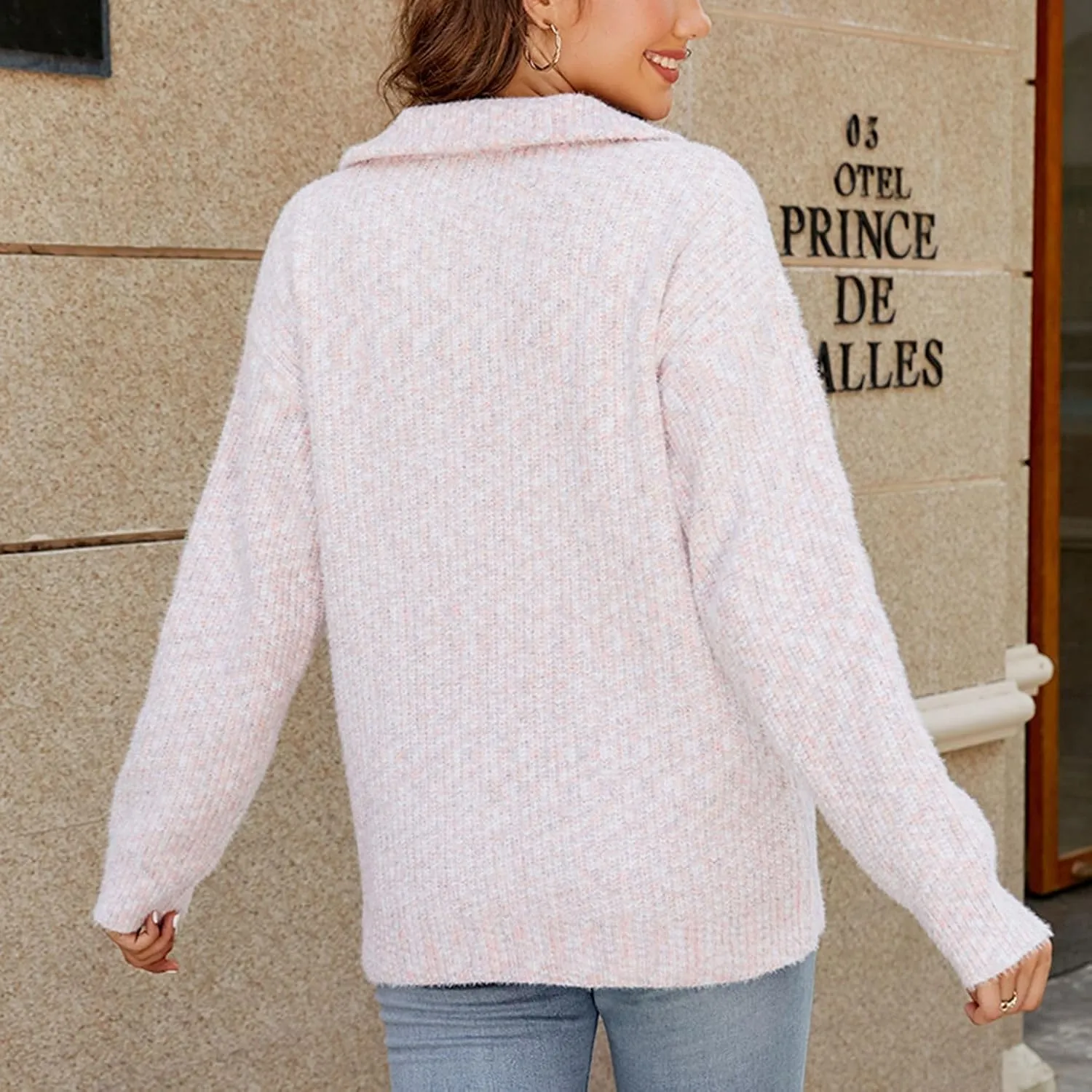Lu's Chic Women's Long Sleeve Cardigan Sweater Fall Knit Thick High Neck Winter Zip Full Zip Spring Drop Shoulder