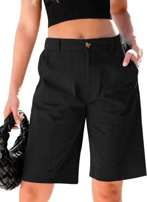 luvamia Bermuda Shorts for Women Knee Length High Waisted Cotton Elastic Wasit Summer Dressy Casual Long Chino Shorts