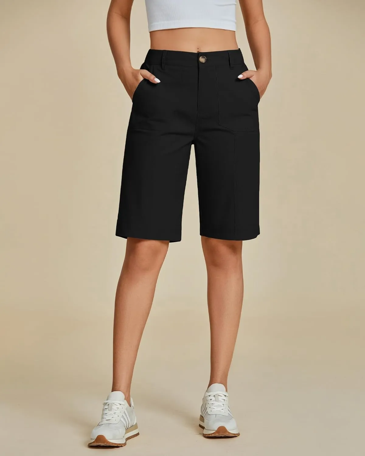 luvamia Bermuda Shorts for Women Knee Length High Waisted Cotton Elastic Wasit Summer Dressy Casual Long Chino Shorts