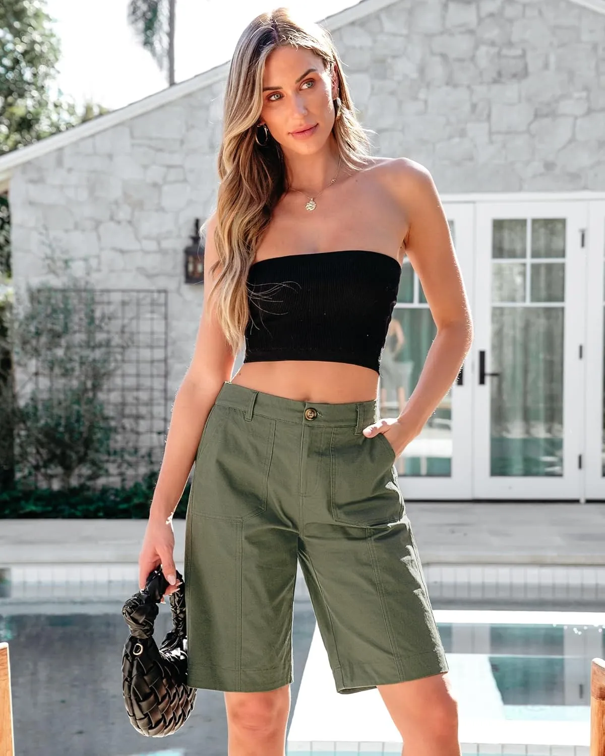 luvamia Bermuda Shorts for Women Knee Length High Waisted Cotton Elastic Wasit Summer Dressy Casual Long Chino Shorts