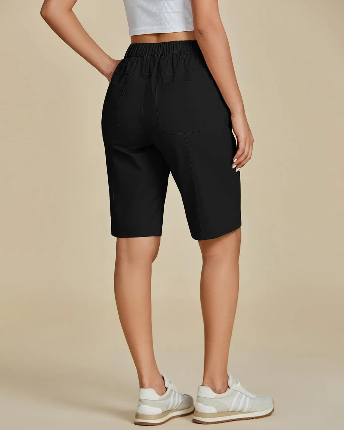 luvamia Bermuda Shorts for Women Knee Length High Waisted Cotton Elastic Wasit Summer Dressy Casual Long Chino Shorts