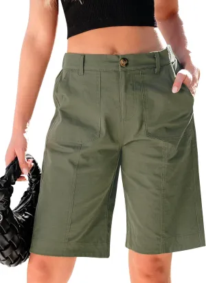 luvamia Bermuda Shorts for Women Knee Length High Waisted Cotton Elastic Wasit Summer Dressy Casual Long Chino Shorts