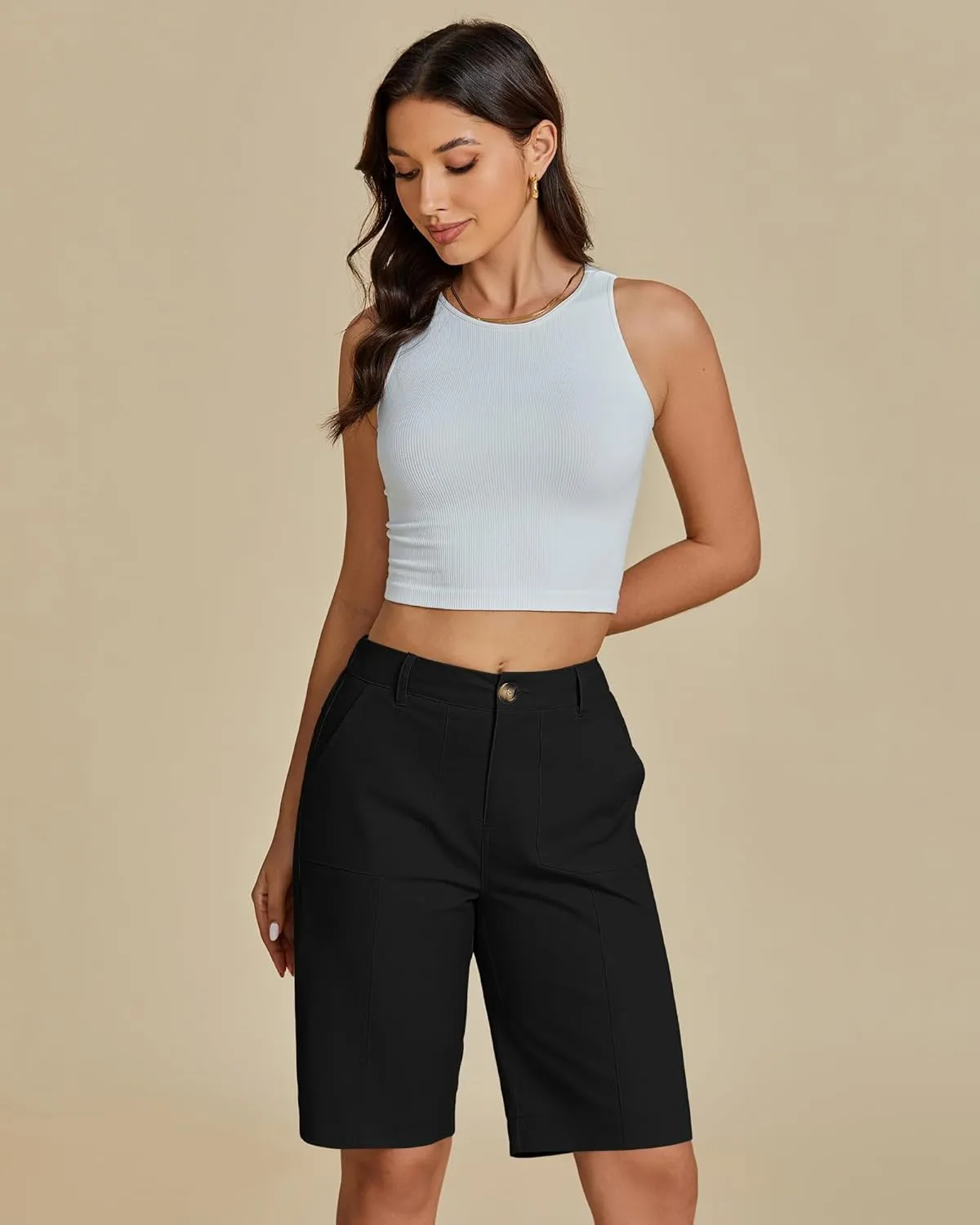 luvamia Bermuda Shorts for Women Knee Length High Waisted Cotton Elastic Wasit Summer Dressy Casual Long Chino Shorts