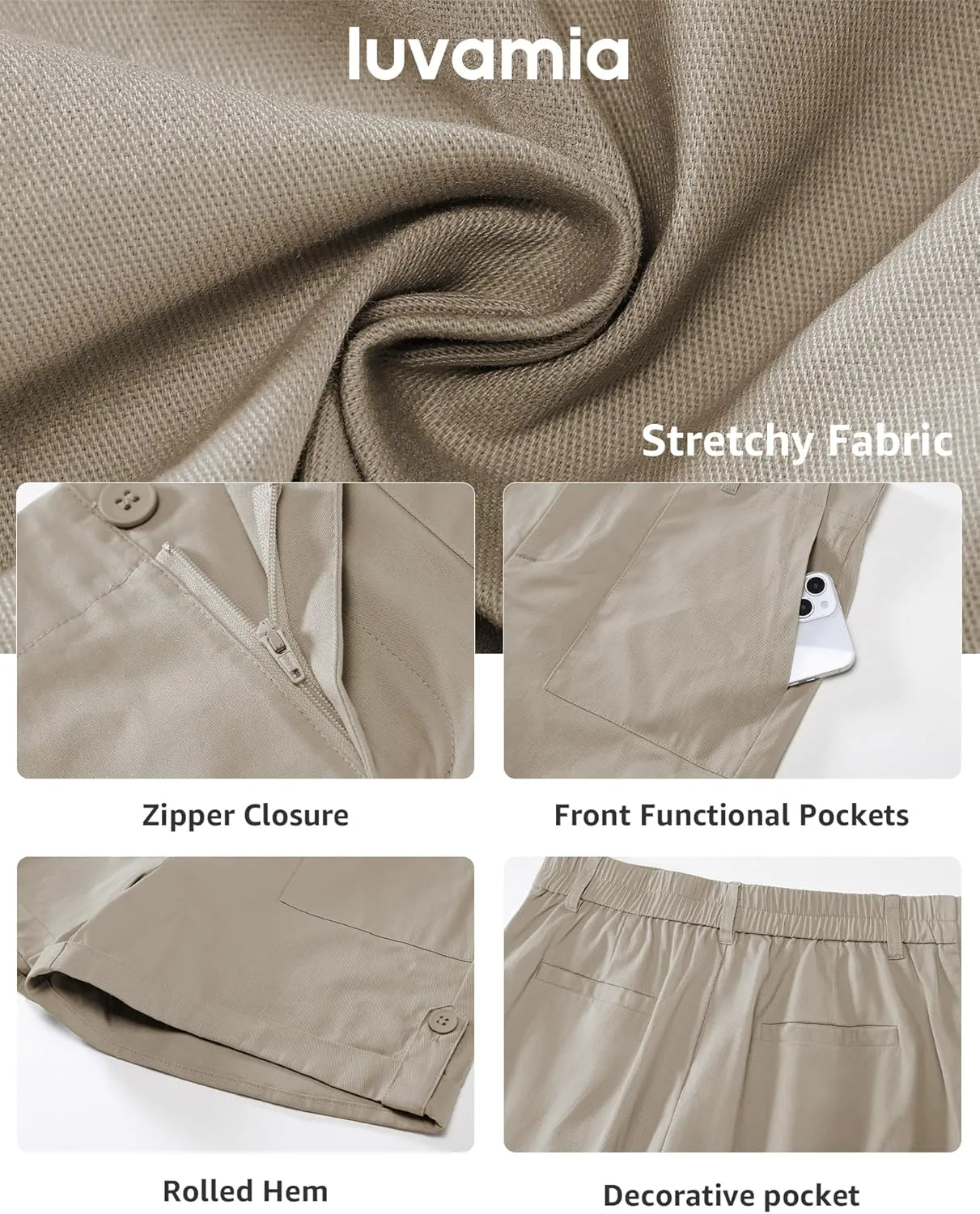 luvamia Shorts for Women High Waisted Dressy Casual Summer Elastic Waist Comfy Rolled Hem Stretch Twill Pocket Shorts