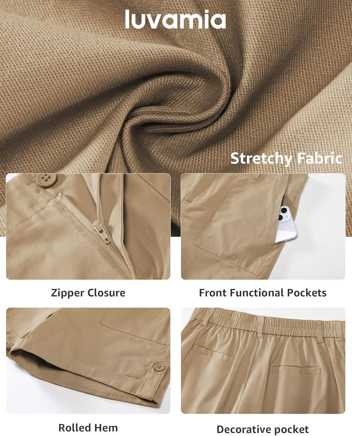 luvamia Shorts for Women High Waisted Dressy Casual Summer Elastic Waist Comfy Rolled Hem Stretch Twill Pocket Shorts