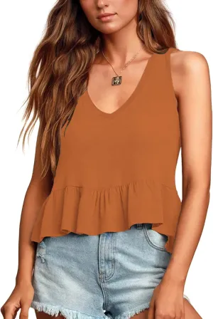LYANER Women's Casual V Neck Peplum Ruffle Hem Sleeveless Babydoll Tank Top