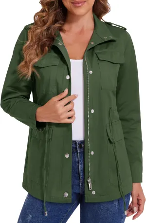 MAGCOMSEN Women's Utility Jackets Lightweight Anorak Drawstring Waist Zip Up Field Military Casual Coat with 4 Pockets