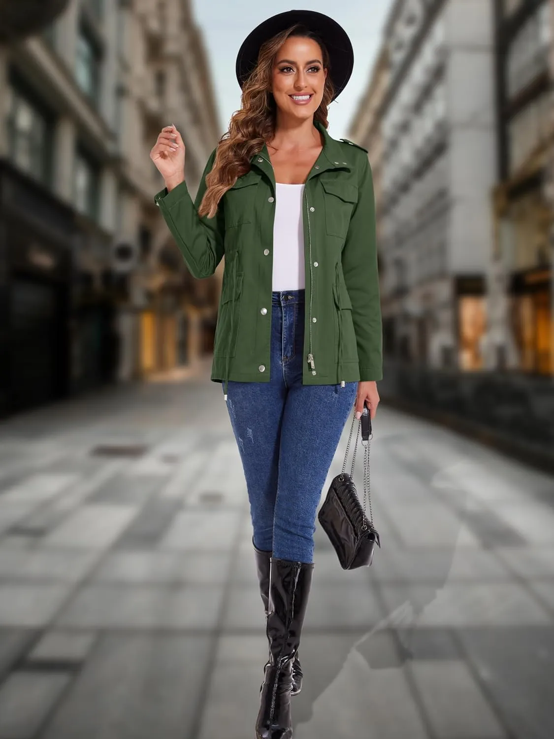 MAGCOMSEN Women's Utility Jackets Lightweight Anorak Drawstring Waist Zip Up Field Military Casual Coat with 4 Pockets