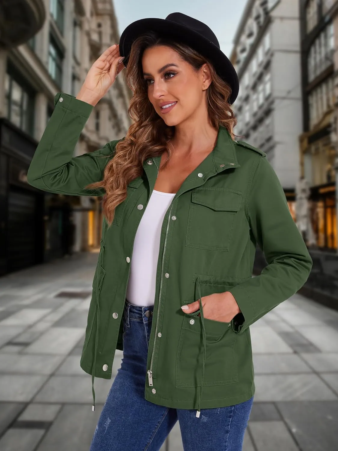 MAGCOMSEN Women's Utility Jackets Lightweight Anorak Drawstring Waist Zip Up Field Military Casual Coat with 4 Pockets