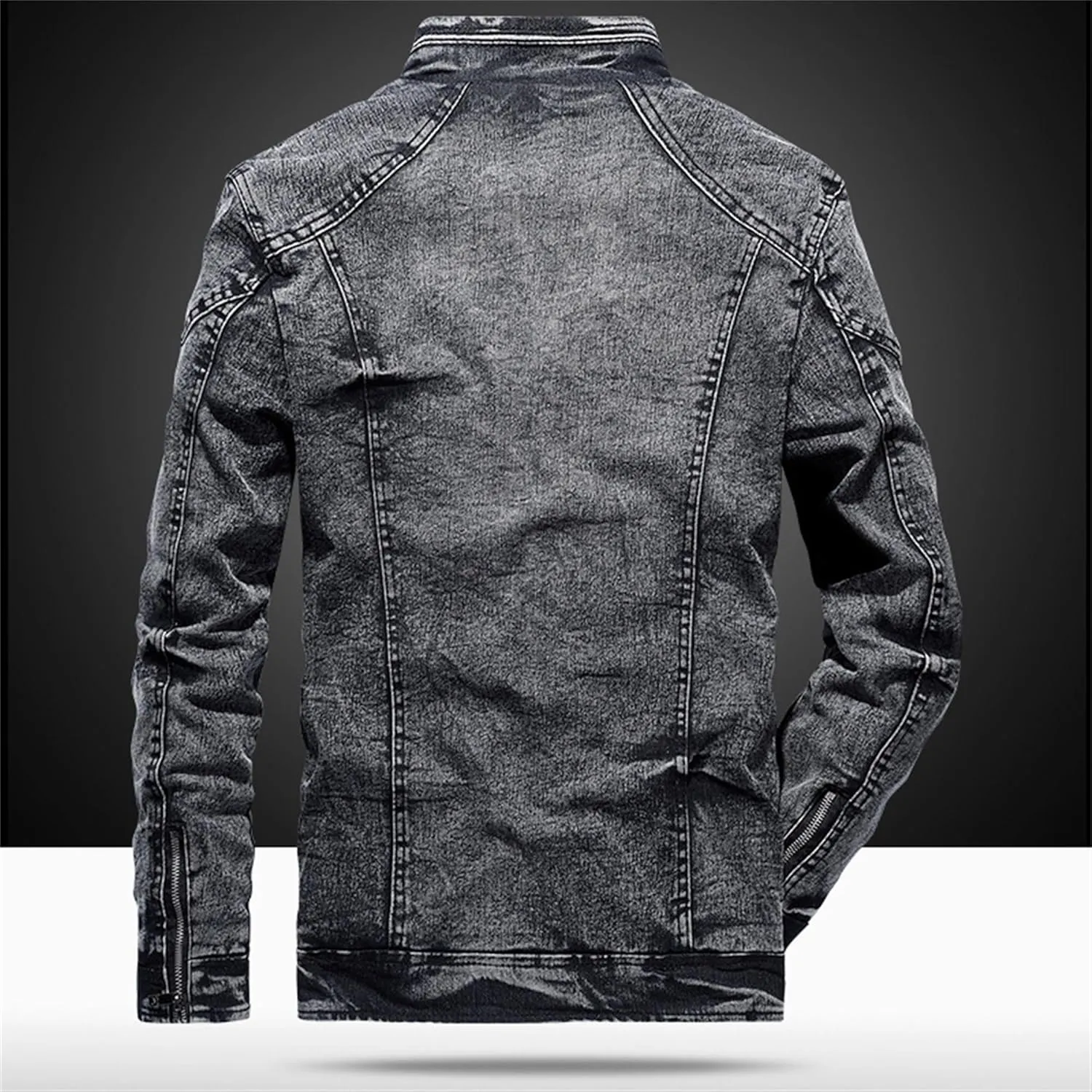 Maiyifu-GJ Men's Distressed Denim Jacket Zipper Retro Band Collar Regular Moto Jacket Slim Fit Full Zip Up Jean Coats