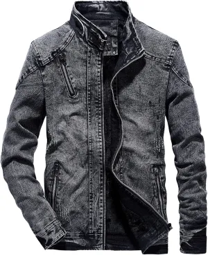 Maiyifu-GJ Men's Distressed Denim Jacket Zipper Retro Band Collar Regular Moto Jacket Slim Fit Full Zip Up Jean Coats