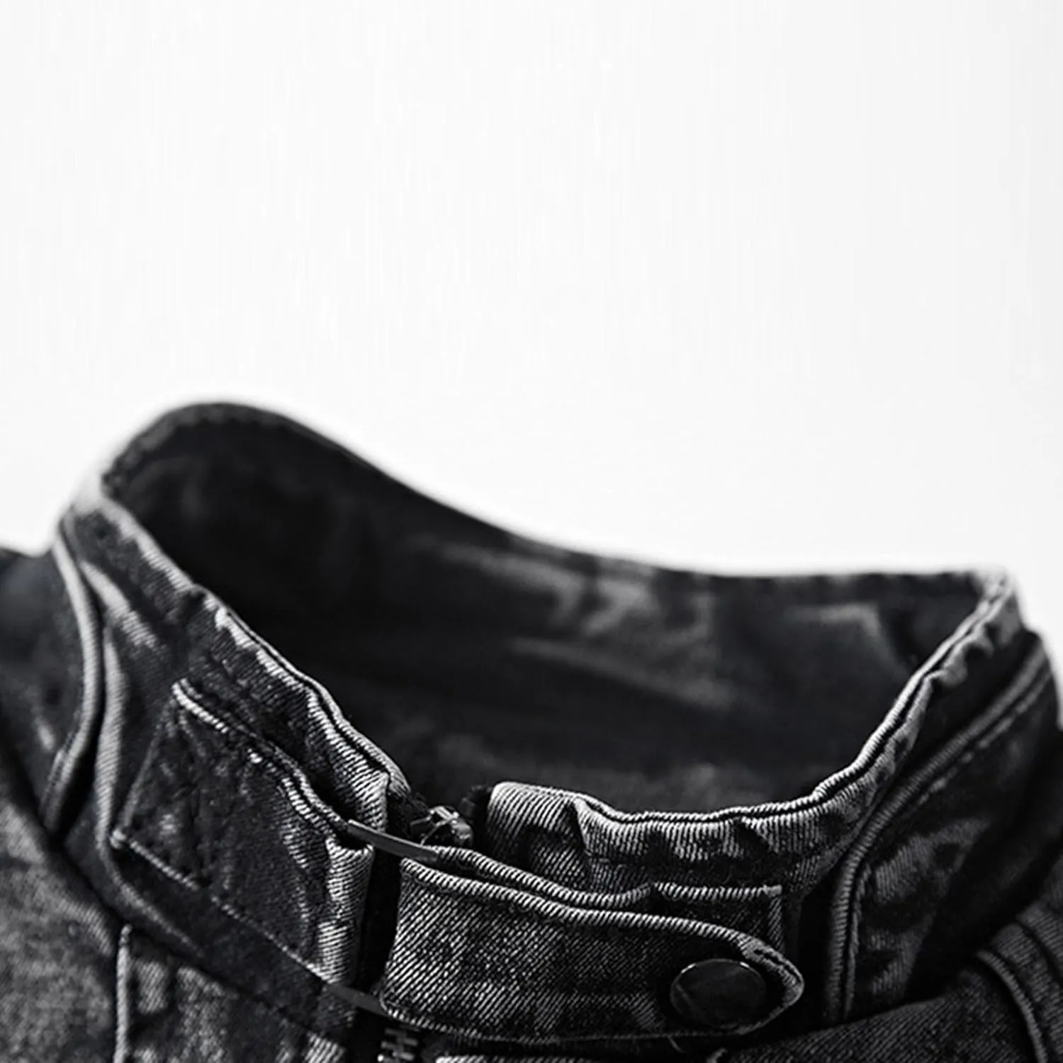 Maiyifu-GJ Men's Distressed Denim Jacket Zipper Retro Band Collar Regular Moto Jacket Slim Fit Full Zip Up Jean Coats