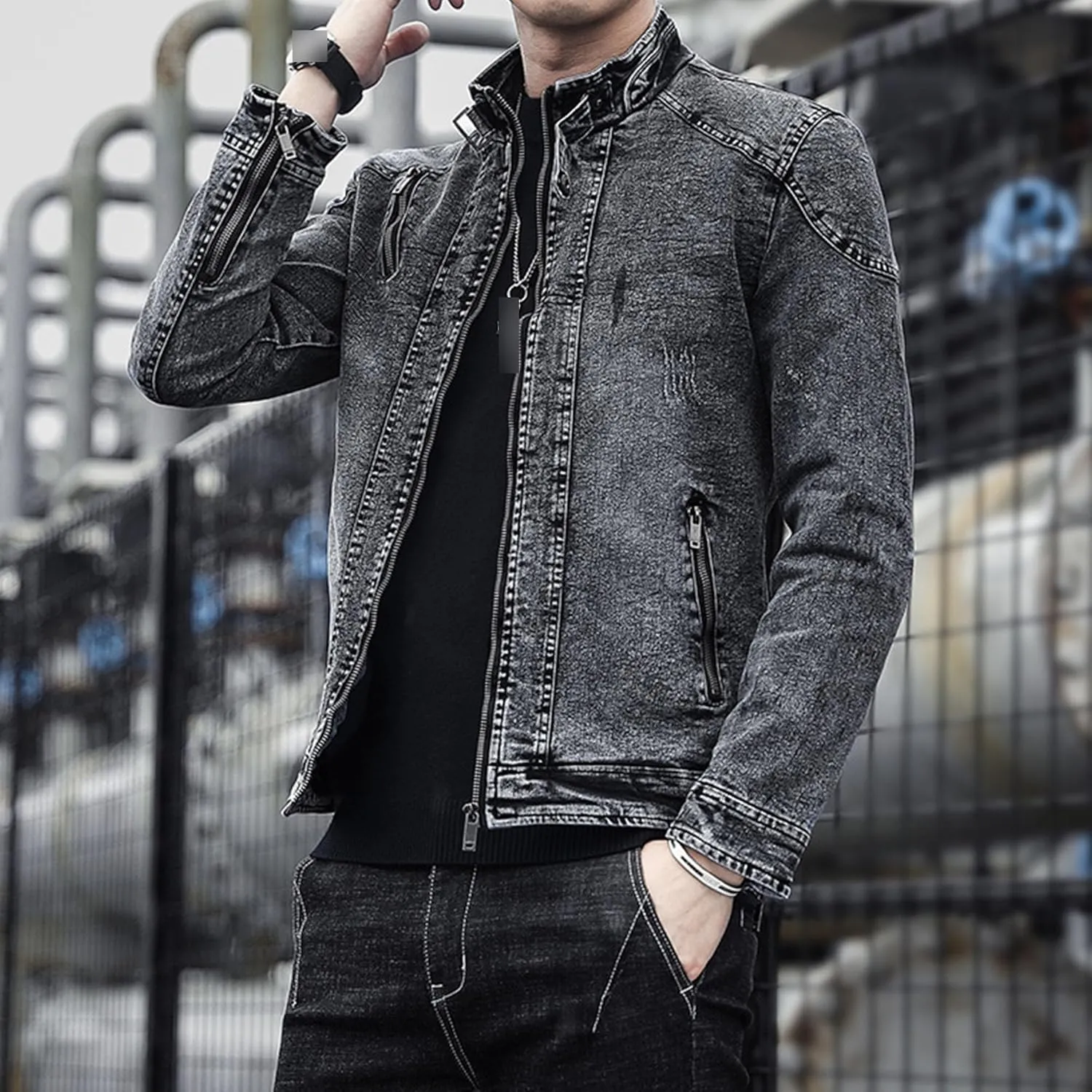 Maiyifu-GJ Men's Distressed Denim Jacket Zipper Retro Band Collar Regular Moto Jacket Slim Fit Full Zip Up Jean Coats