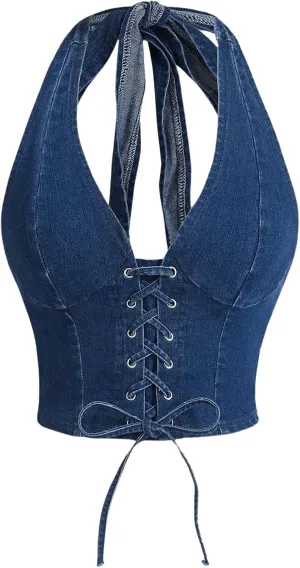 MakeMeChic Women's Denim Corset Top Halter Backless Shirred Y2K Crop Tops