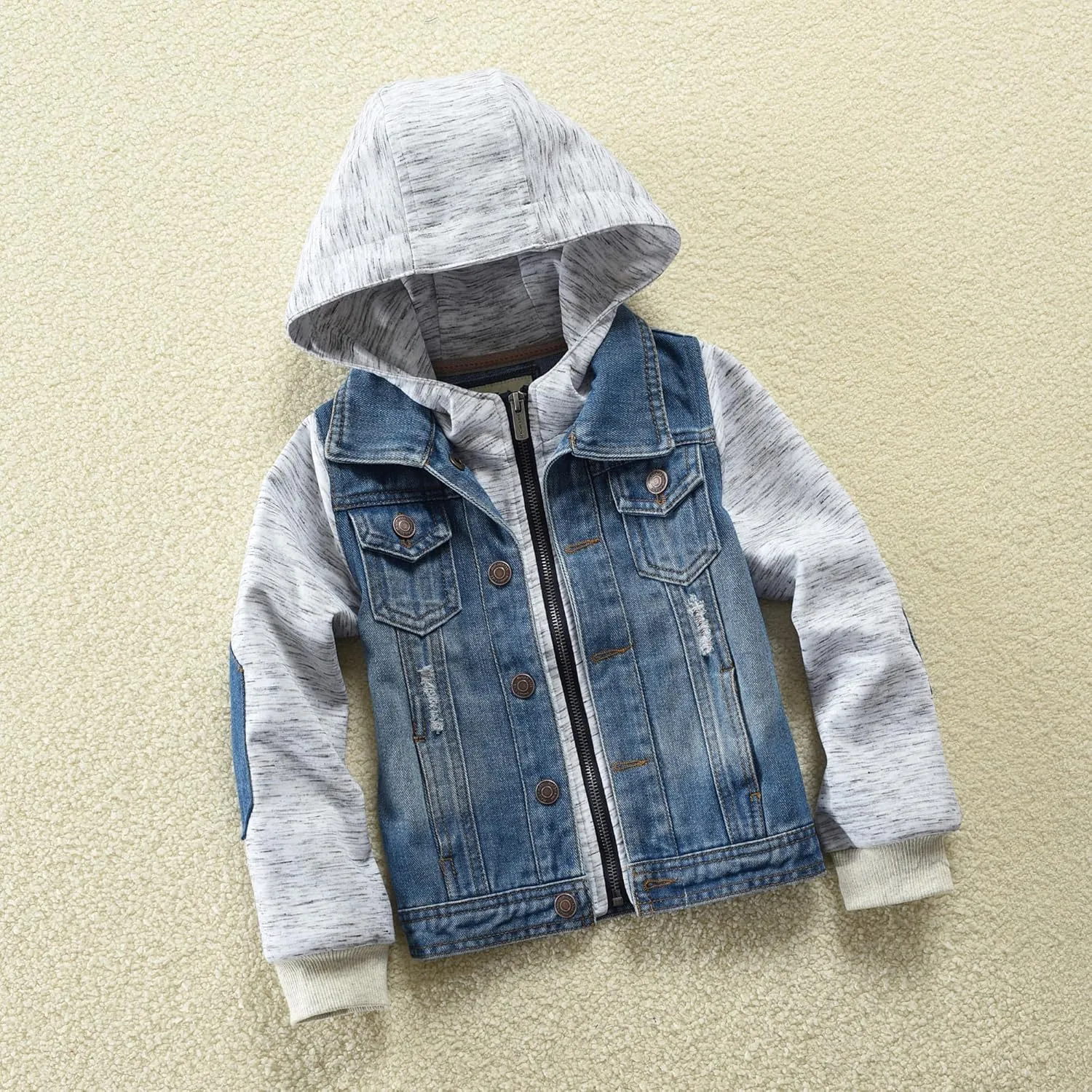 Mallimoda Kids Boys Girls Hooded Denim Jacket Zipper Coat Outerwear