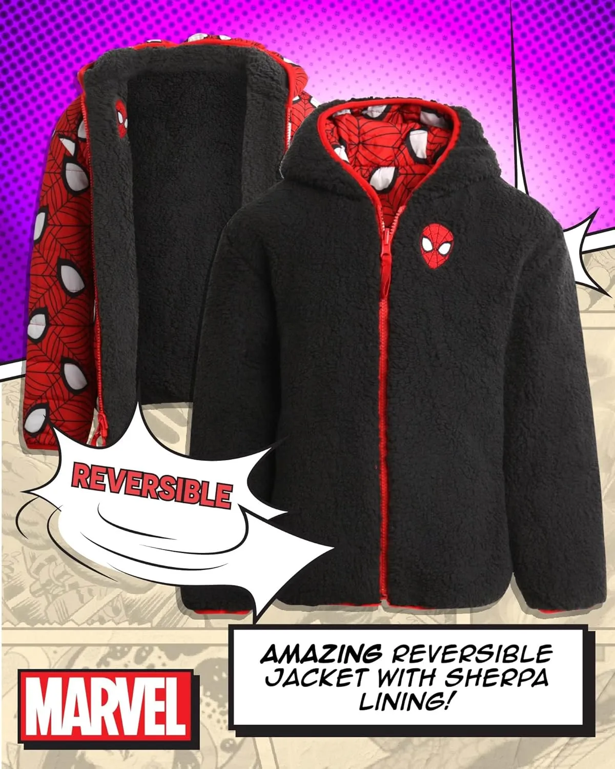Marvel Boys’ Avengers Spider-Man Reversible Jacket – Spidey Quilted Puffer Coat with Sherpa Fleece Lining (2T-20)