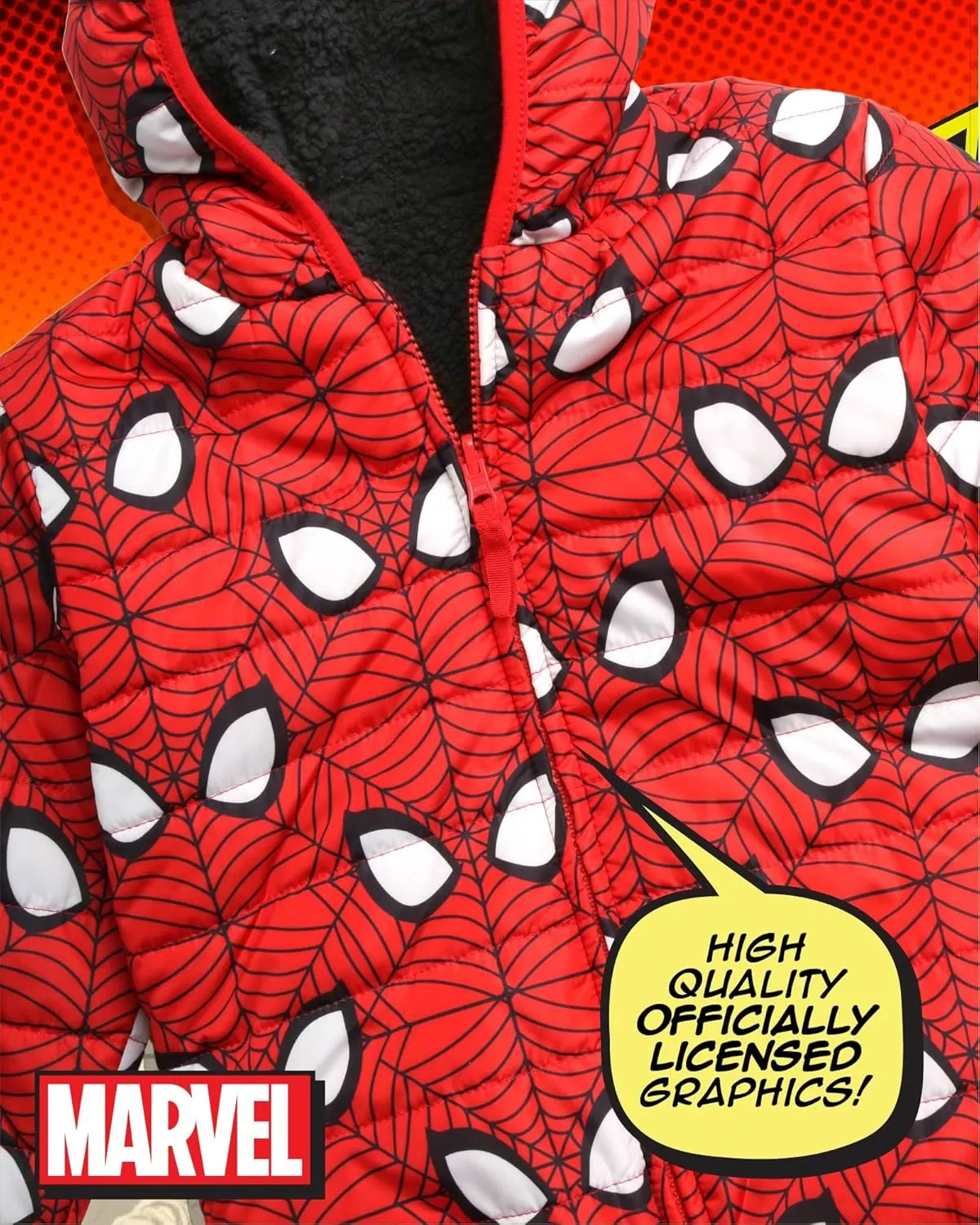 Marvel Boys’ Avengers Spider-Man Reversible Jacket – Spidey Quilted Puffer Coat with Sherpa Fleece Lining (2T-20)