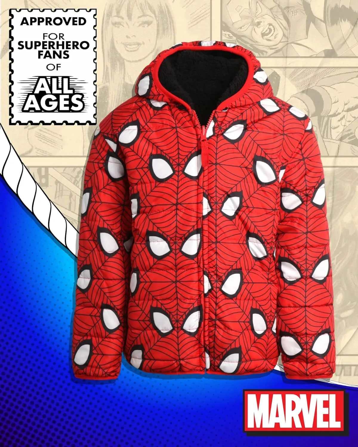 Marvel Boys’ Avengers Spider-Man Reversible Jacket – Spidey Quilted Puffer Coat with Sherpa Fleece Lining (2T-20)