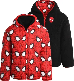 Marvel Boys’ Avengers Spider-Man Reversible Jacket – Spidey Quilted Puffer Coat with Sherpa Fleece Lining (2T-20)