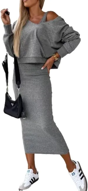 Melliflo Women's Fall 2 Piece Sweater Set Long Sleeve V Neck Top Maxi Bodycon Skirt Casual Outfits Dress