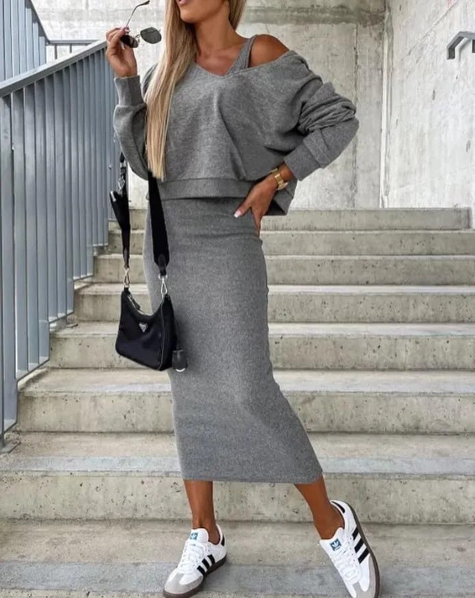 Melliflo Women's Fall 2 Piece Sweater Set Long Sleeve V Neck Top Maxi Bodycon Skirt Casual Outfits Dress