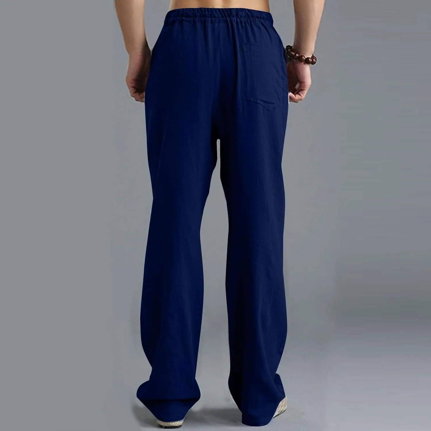 Men Linen Pants Plus Size Solid Beach Vacation Pants Drawstring Waist Lightweight Loose Slacks Summer Casual Trousers