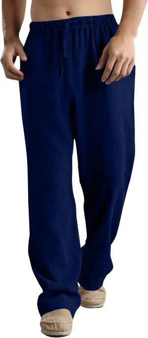 Men Linen Pants Plus Size Solid Beach Vacation Pants Drawstring Waist Lightweight Loose Slacks Summer Casual Trousers