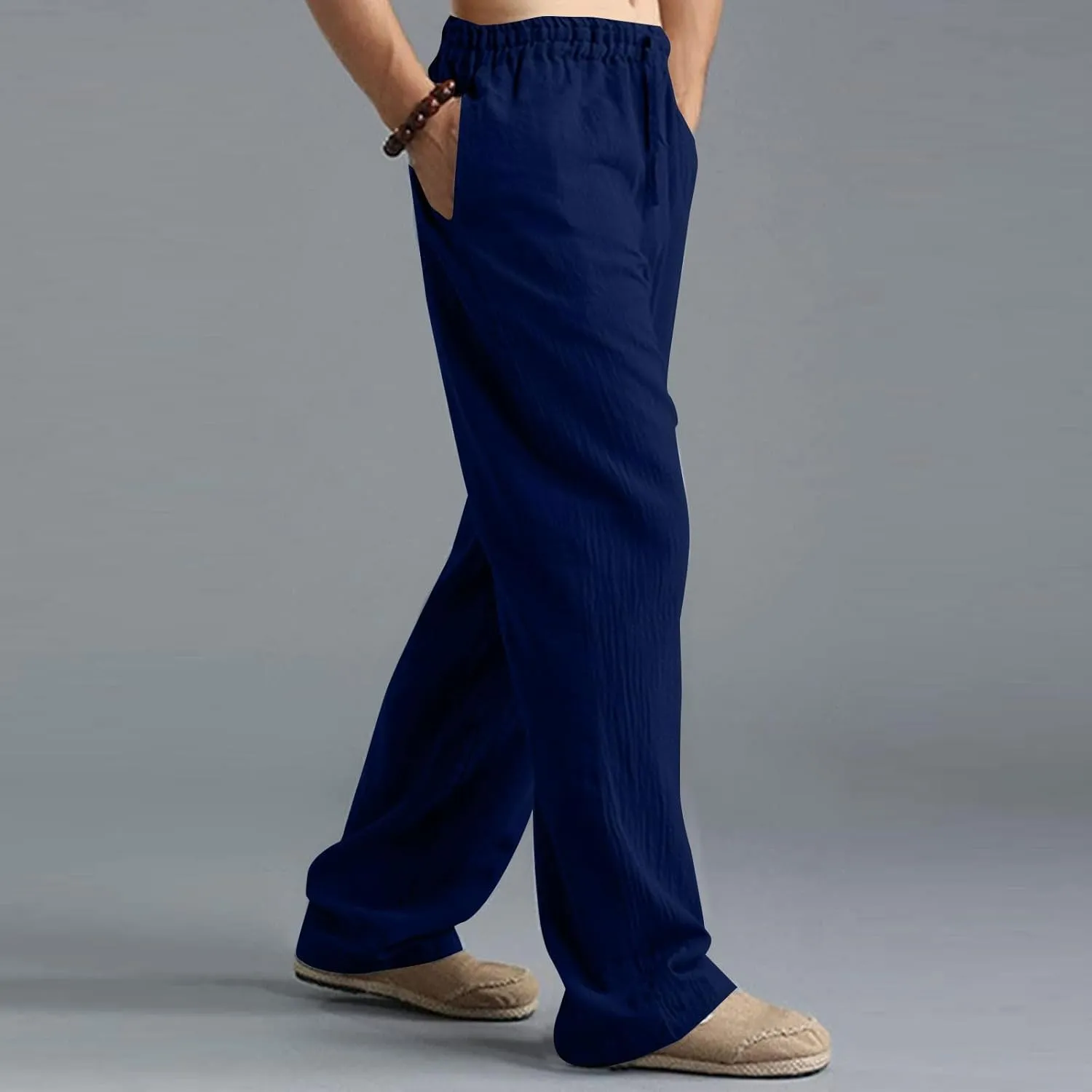 Men Linen Pants Plus Size Solid Beach Vacation Pants Drawstring Waist Lightweight Loose Slacks Summer Casual Trousers