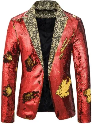 Men Two Tone Sequin Blazer Jacket Shawl Collar Patchwork One Button Shiny Sequin Coat Suit Tuxedo Wedding Prom Banquet