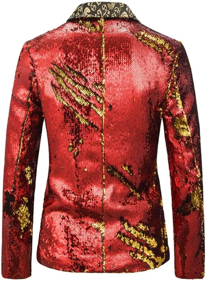 Men Two Tone Sequin Blazer Jacket Shawl Collar Patchwork One Button Shiny Sequin Coat Suit Tuxedo Wedding Prom Banquet
