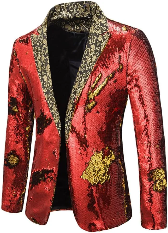Men Two Tone Sequin Blazer Jacket Shawl Collar Patchwork One Button Shiny Sequin Coat Suit Tuxedo Wedding Prom Banquet