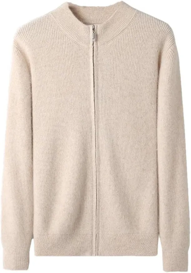 Men's 100 Percent Cashmere Zipper Cardigan Casual Long Sleeve Ribbed Knitted Sweater
