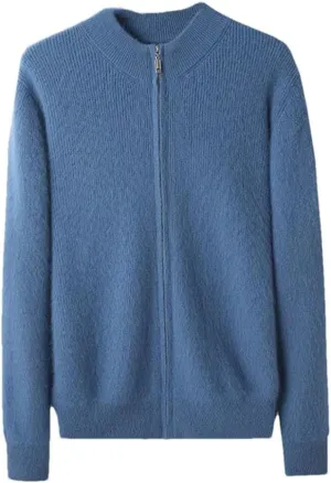 Men's 100 Percent Cashmere Zipper Cardigan Casual Long Sleeve Ribbed Knitted Sweater