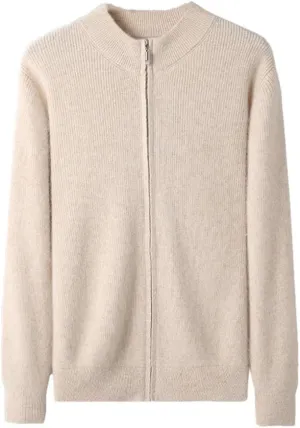 Men's 100 Percent Cashmere Zipper Cardigan Casual Long Sleeve Ribbed Knitted Sweater