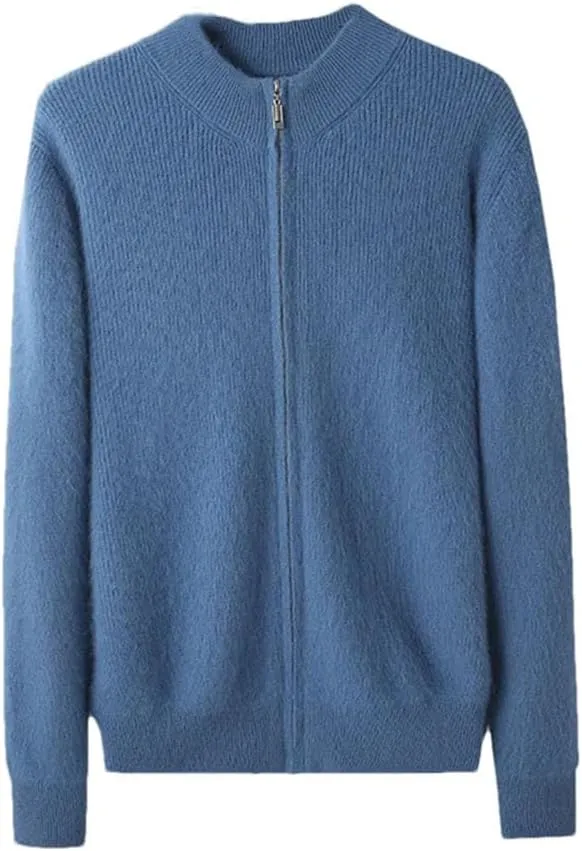 Men's 100 Percent Cashmere Zipper Cardigan Casual Long Sleeve Ribbed Knitted Sweater