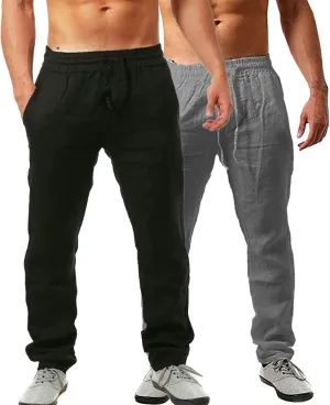 Men's 2 Pack Linen Pants Summer Casual Beach Pants Lightweight Vacation Slacks Elastic Waist Yoga Lounge Trousers