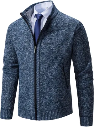 Men's Cardigan Sweaters Full Zip Up Stand Collar Slim Fit Casual Knitted Sweater with 2 Front Pockets