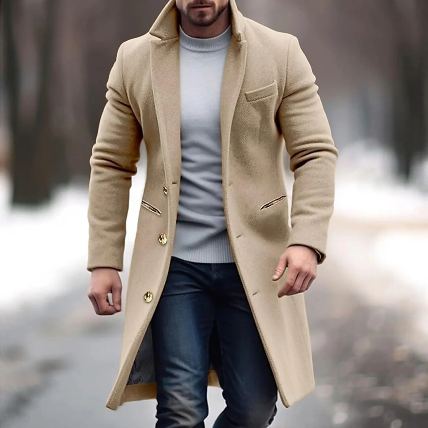 Men's Casual Trench Coat Vintage Breasted Coat Woolen Mid Length Trench Coat Slim Fit Spread Collar Long Sleeve Jacket