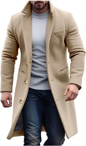 Men's Casual Trench Coat Vintage Breasted Coat Woolen Mid Length Trench Coat Slim Fit Spread Collar Long Sleeve Jacket