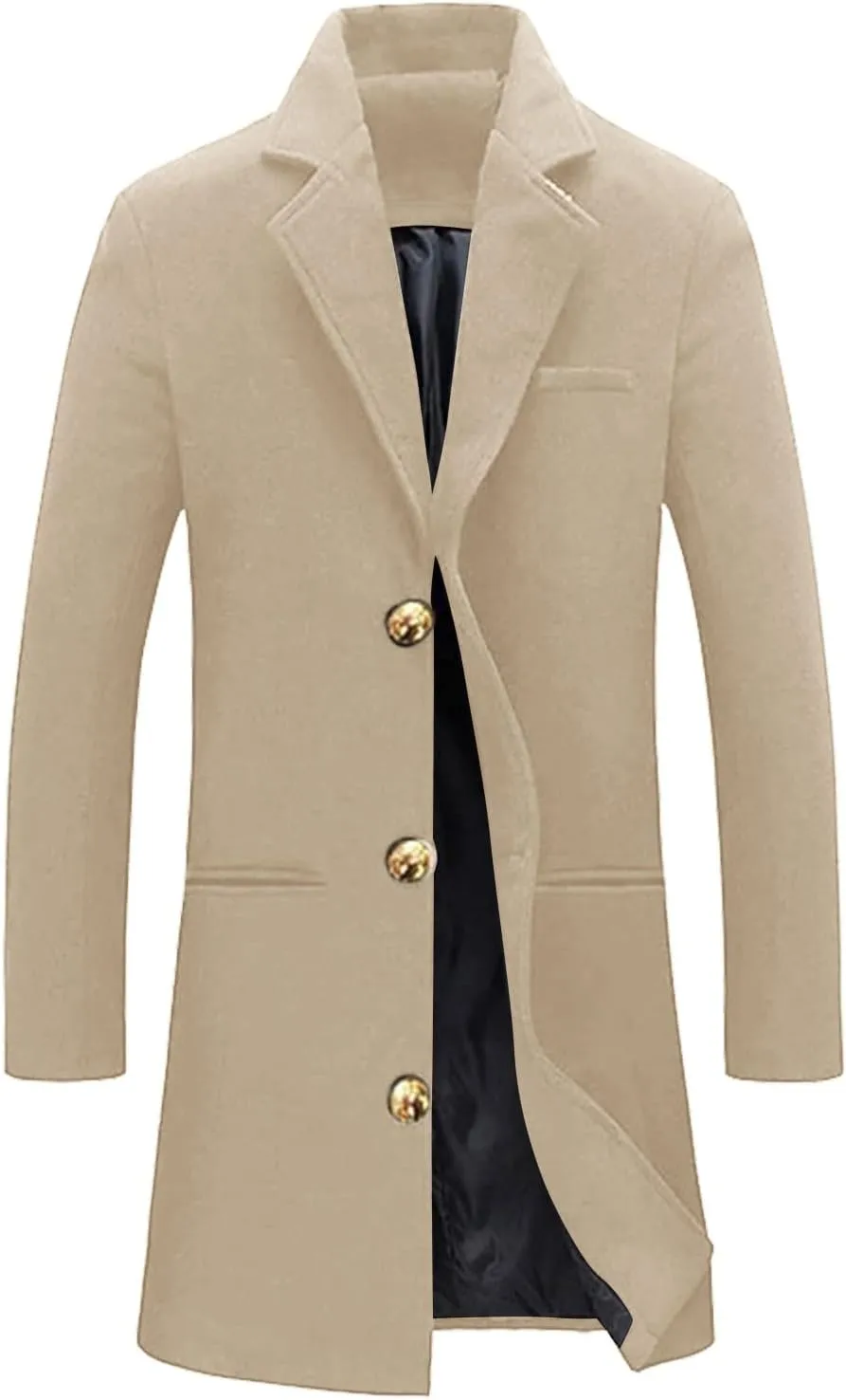 Men's Casual Trench Coat Vintage Breasted Coat Woolen Mid Length Trench Coat Slim Fit Spread Collar Long Sleeve Jacket