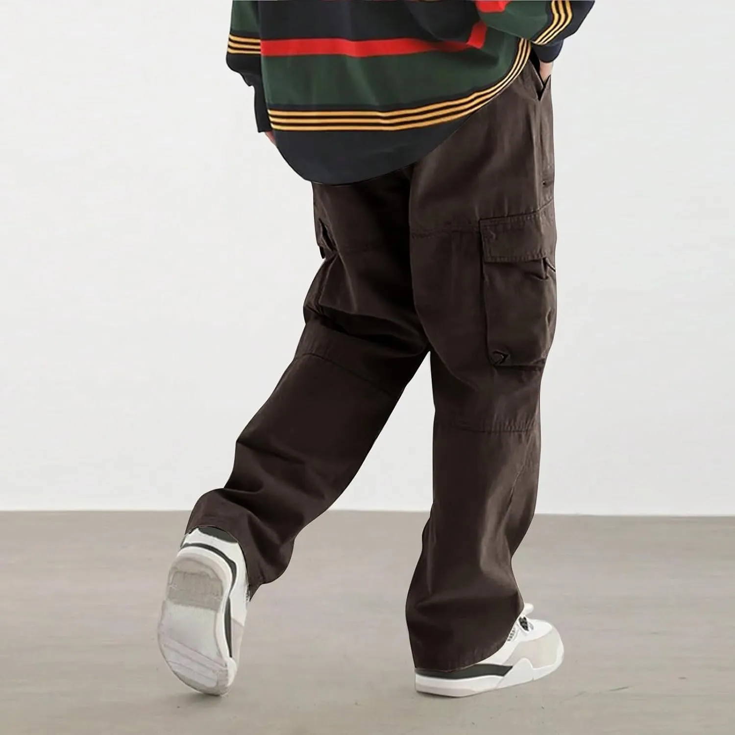 Men's Casual Work Pants with Drawstring Multi-Pocket Straight Loose Fit Pants