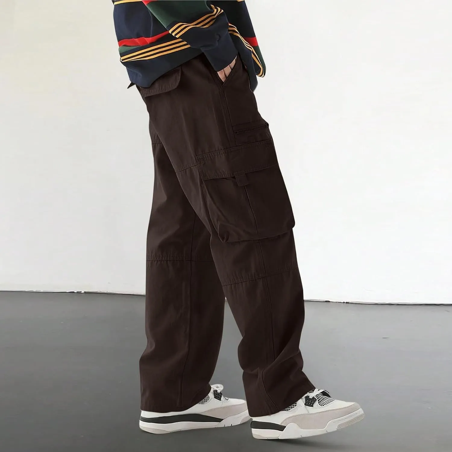 Men's Casual Work Pants with Drawstring Multi-Pocket Straight Loose Fit Pants