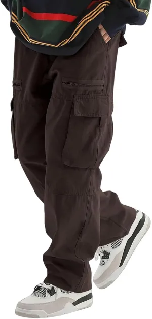 Men's Casual Work Pants with Drawstring Multi-Pocket Straight Loose Fit Pants