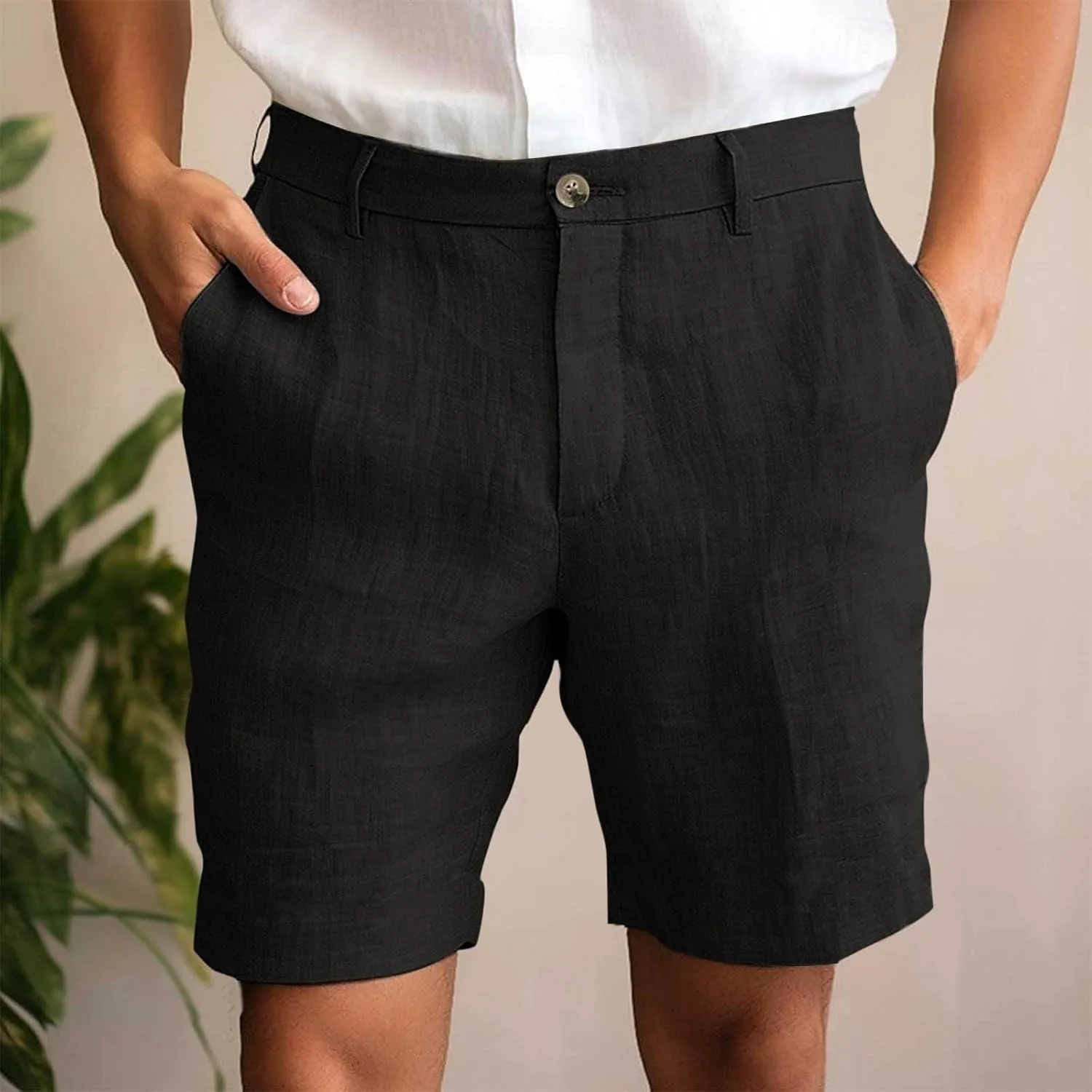 Mens Cotton Linen Shorts Flat Front Business Casual Dress Pants Button Up Elastic Waist Summer Beach Slim Fit Short