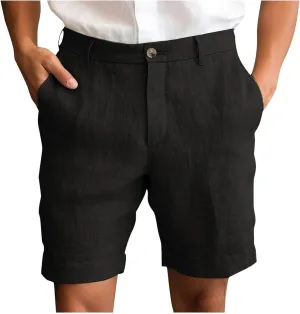 Mens Cotton Linen Shorts Flat Front Business Casual Dress Pants Button Up Elastic Waist Summer Beach Slim Fit Short