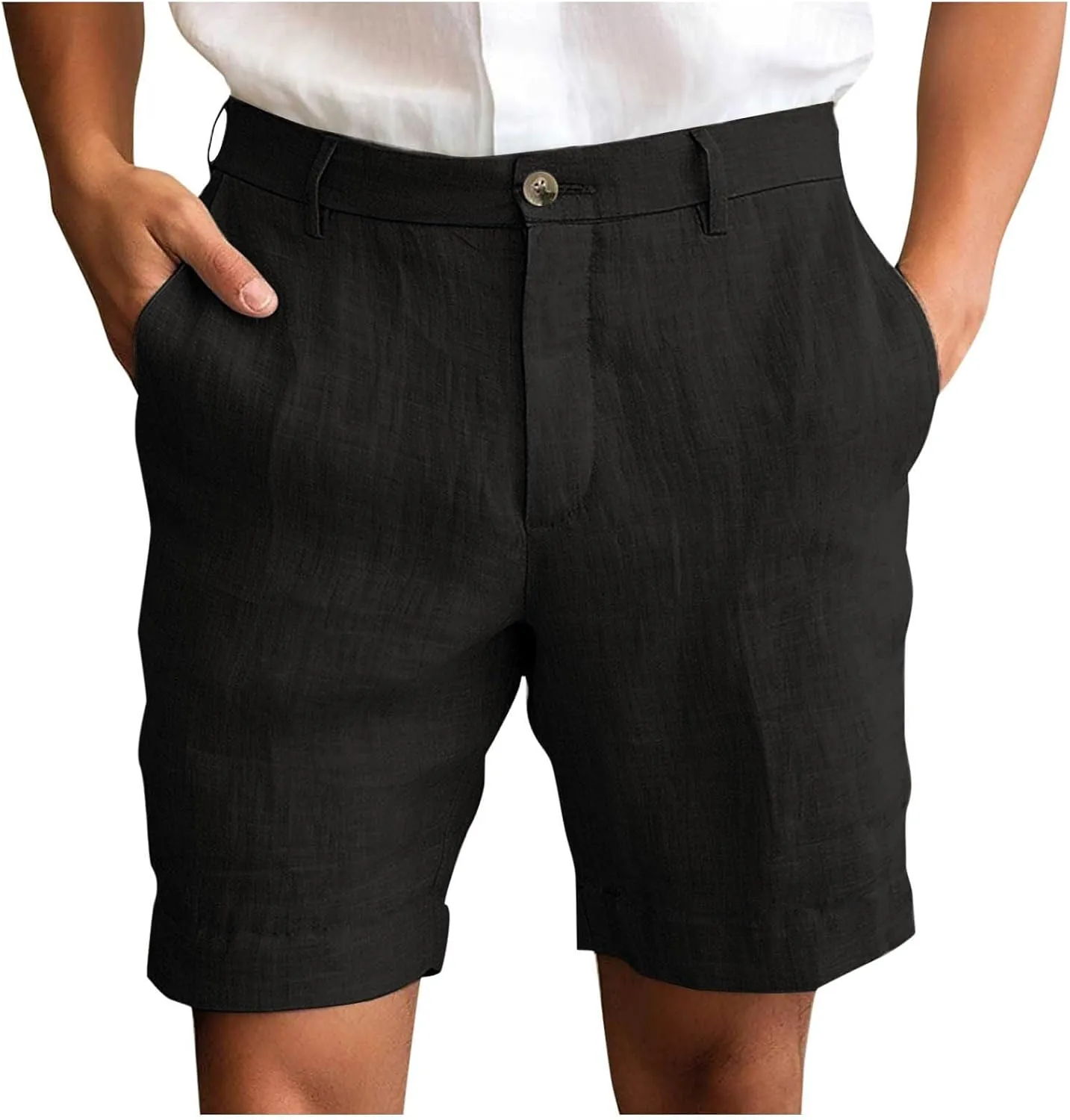 Mens Cotton Linen Shorts Flat Front Business Casual Dress Pants Button Up Elastic Waist Summer Beach Slim Fit Short