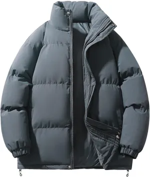 Men's Down Cotton Jacket, Full Zipper Solid Color Padded Cotton Coat Thick Warm Jacket, Lightweight Quilted Coat