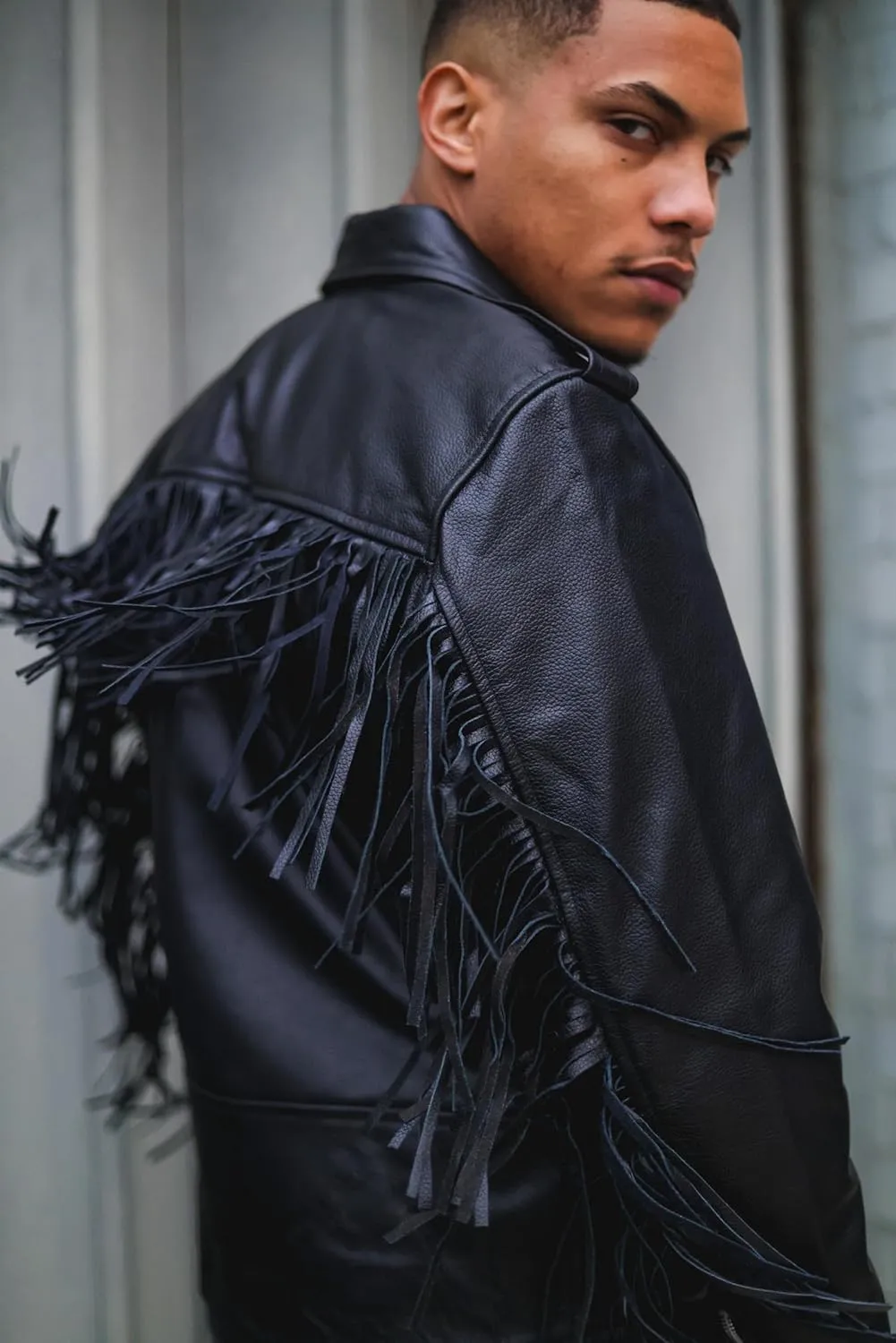 Mens FRINGE Leather Biker Jacket Brando TASSELED Motorcycle Retro Cow Hide