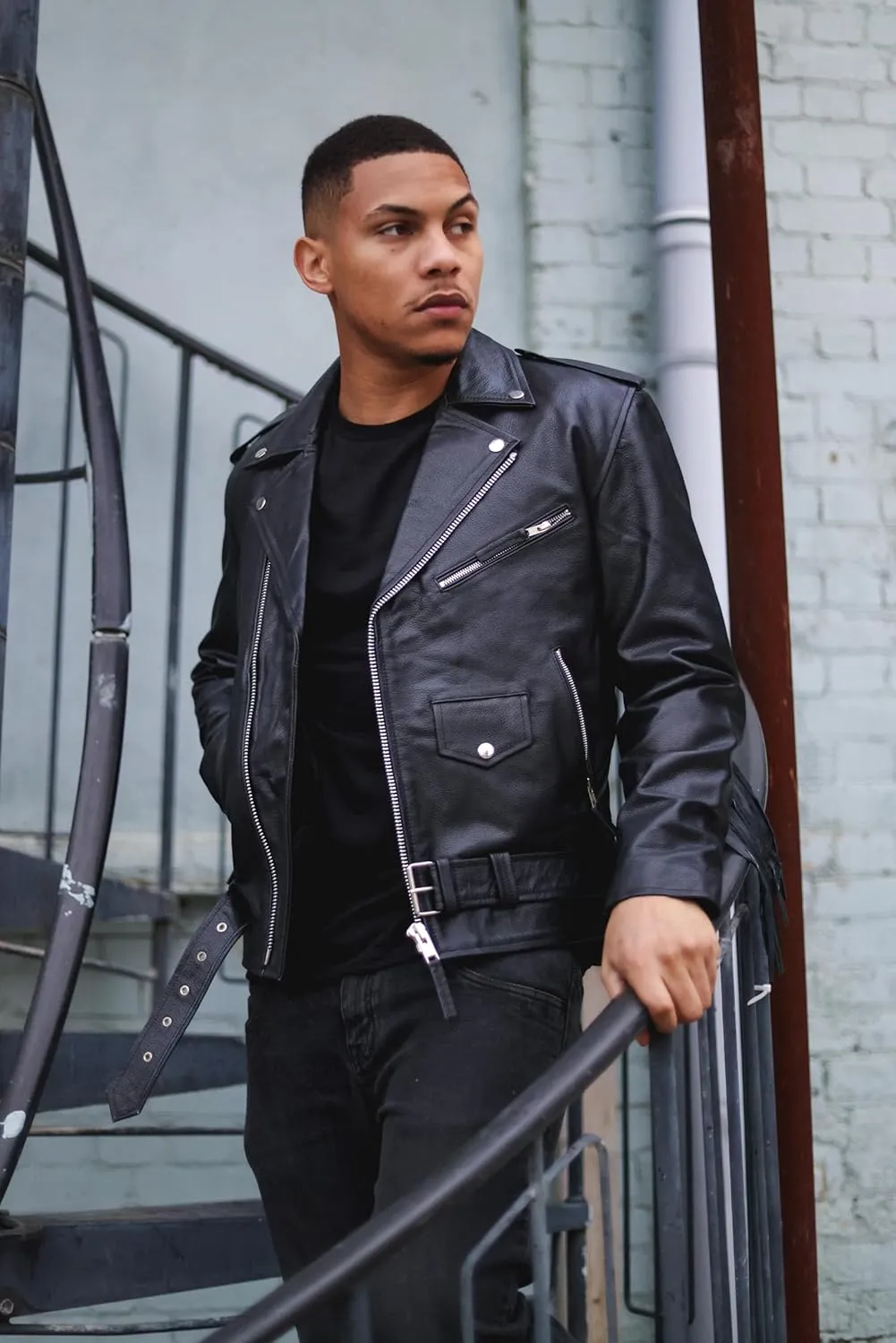 Mens FRINGE Leather Biker Jacket Brando TASSELED Motorcycle Retro Cow Hide